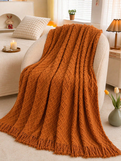 1pc Mustard Yellow Knitted Throw Blanket With Tassels, Soft Cozy Textured Woven Fringe Blanket For Couch Sofa Bed, All Season Decorative Warm Knit Blanket