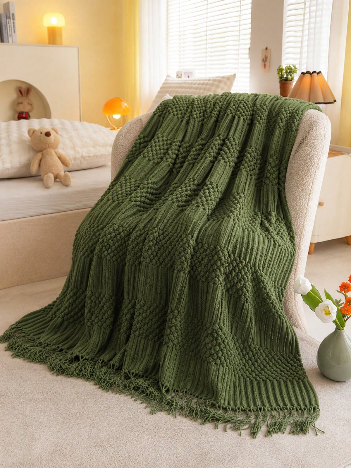 1pc Mustard Yellow Knitted Throw Blanket With Tassels, Soft Cozy Textured Woven Fringe Blanket For Couch Sofa Bed, All Season Decorative Warm Knit Blanket