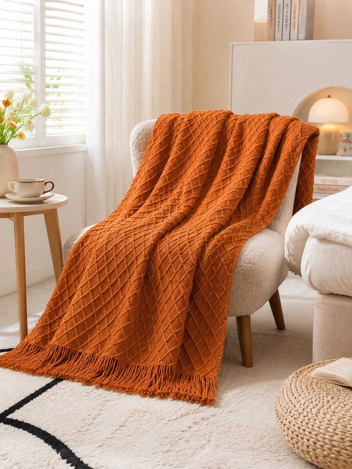 1pc Mustard Yellow Knitted Throw Blanket With Tassels, Soft Cozy Textured Woven Fringe Blanket For Couch Sofa Bed, All Season Decorative Warm Knit Blanket