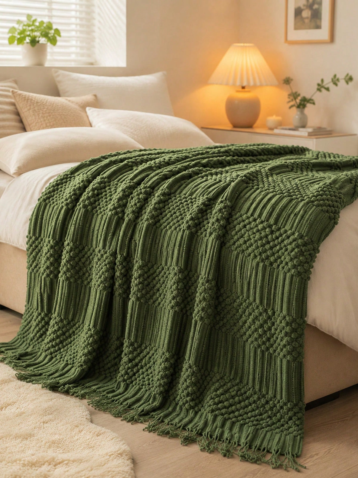 1pc Mustard Yellow Knitted Throw Blanket With Tassels, Soft Cozy Textured Woven Fringe Blanket For Couch Sofa Bed, All Season Decorative Warm Knit Blanket