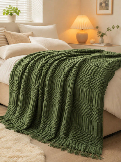 1pc Mustard Yellow Knitted Throw Blanket With Tassels, Soft Cozy Textured Woven Fringe Blanket For Couch Sofa Bed, All Season Decorative Warm Knit Blanket