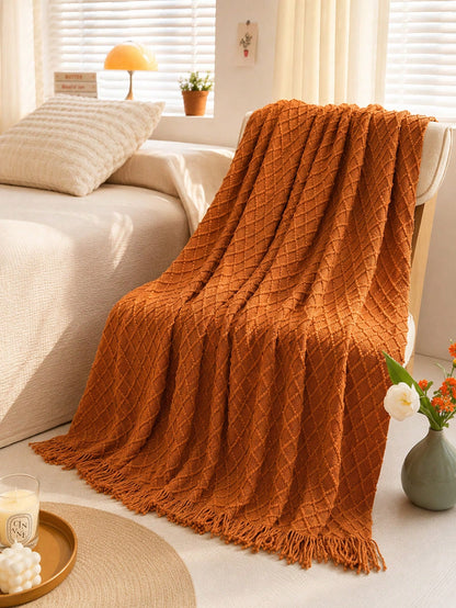 1pc Mustard Yellow Knitted Throw Blanket With Tassels, Soft Cozy Textured Woven Fringe Blanket For Couch Sofa Bed, All Season Decorative Warm Knit Blanket