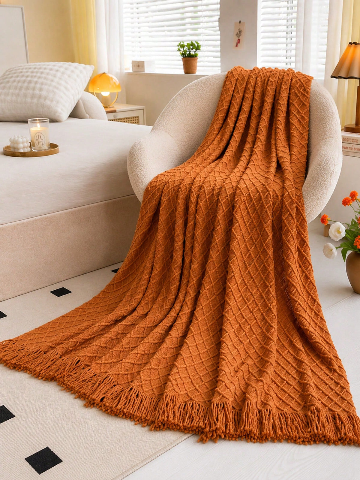 1pc Mustard Yellow Knitted Throw Blanket With Tassels, Soft Cozy Textured Woven Fringe Blanket For Couch Sofa Bed, All Season Decorative Warm Knit Blanket