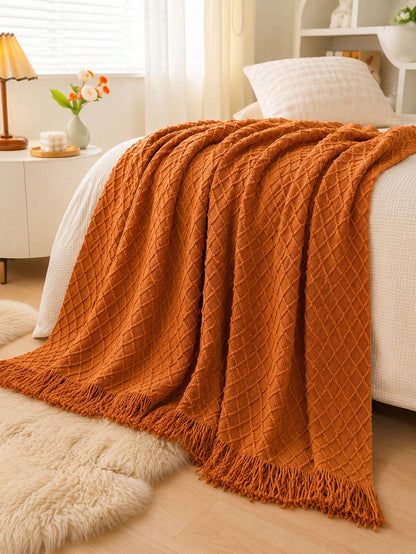 1pc Mustard Yellow Knitted Throw Blanket With Tassels, Soft Cozy Textured Woven Fringe Blanket For Couch Sofa Bed, All Season Decorative Warm Knit Blanket
