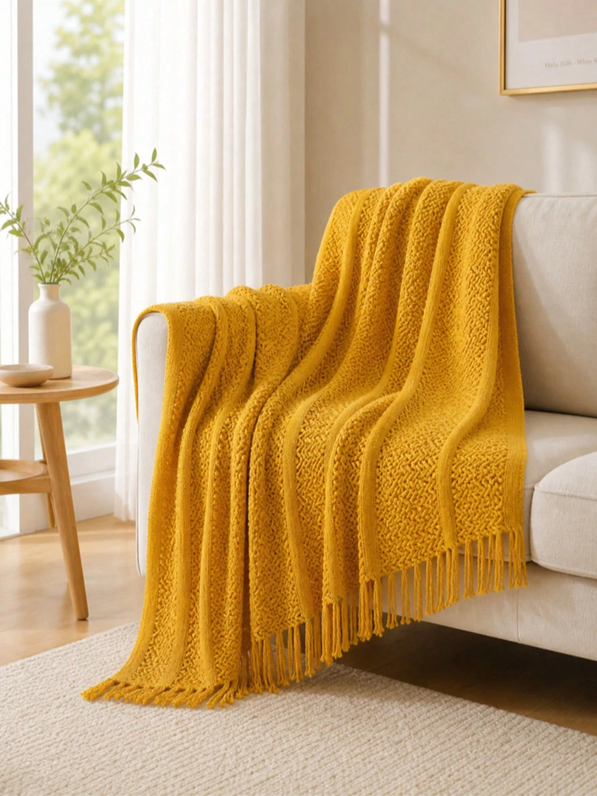 1pc Mustard Yellow Knitted Throw Blanket With Tassels, Soft Cozy Textured Woven Fringe Blanket For Couch Sofa Bed, All Season Decorative Warm Knit Blanket