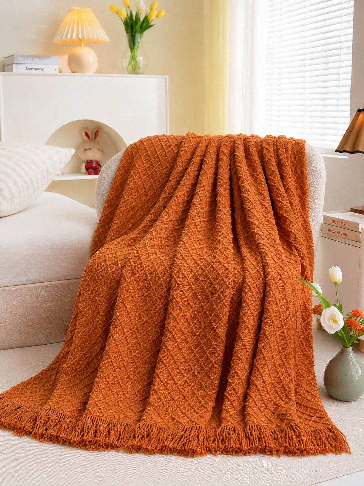 1pc Mustard Yellow Knitted Throw Blanket With Tassels, Soft Cozy Textured Woven Fringe Blanket For Couch Sofa Bed, All Season Decorative Warm Knit Blanket