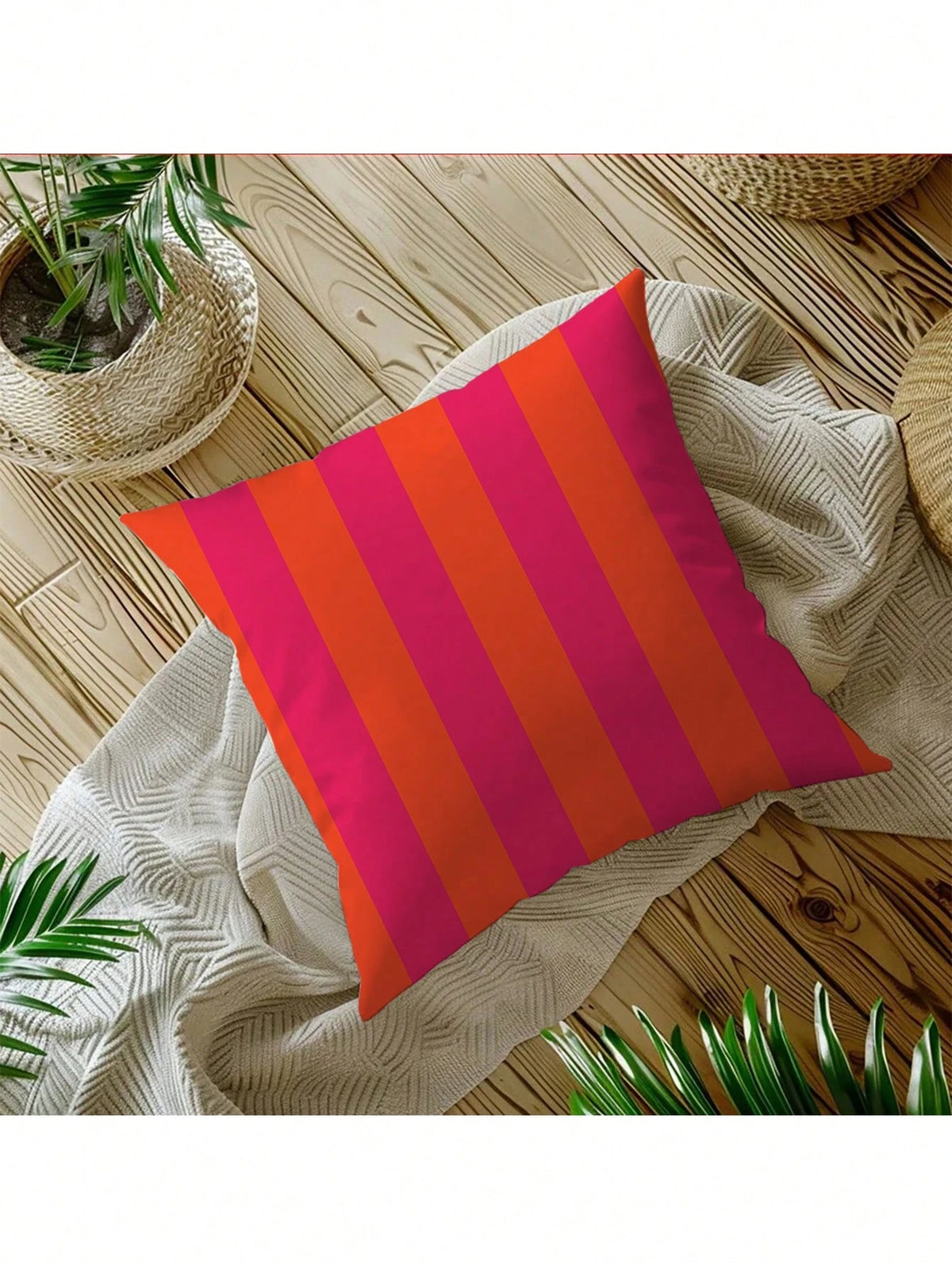 1pc Neon Pink & Orange Vertical Striped Teepee Design Throw Pillow Cover, Suitable For Living Room, Bedroom, Sofa, Home, Room Decor- Party, Family Gathering, Holiday Decor- Cushion Cover (No Pillow