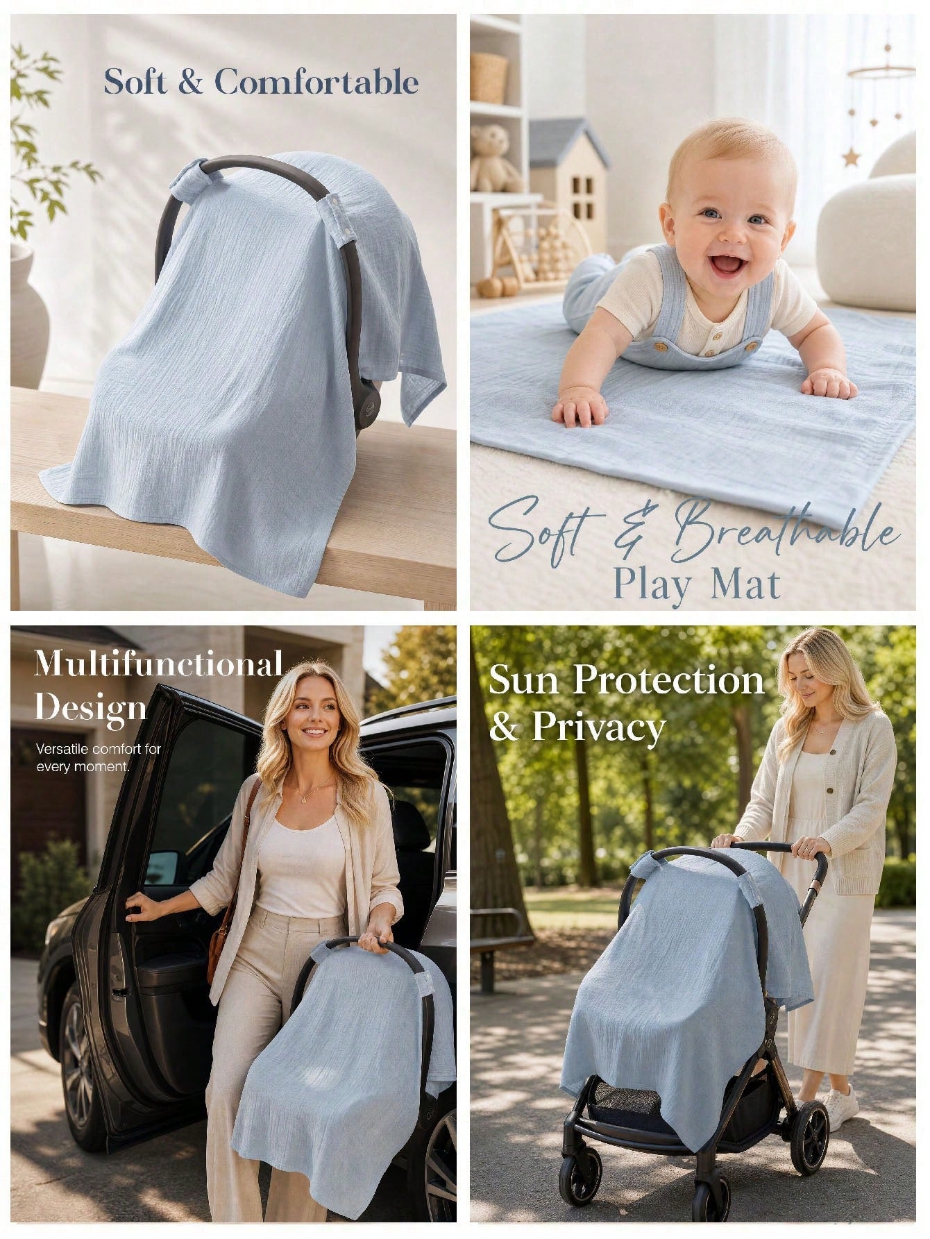 1pc New Crepe Fabric Baby Carrier Cover, Gauze Baby Stroller Sunshade, Car Seat Carrier Cover, Blanket Gauze Sun Protection Cover, Gray Outdoor Dust Cover, Summer Thin Soft Sunshade Privacy Cover, Ess