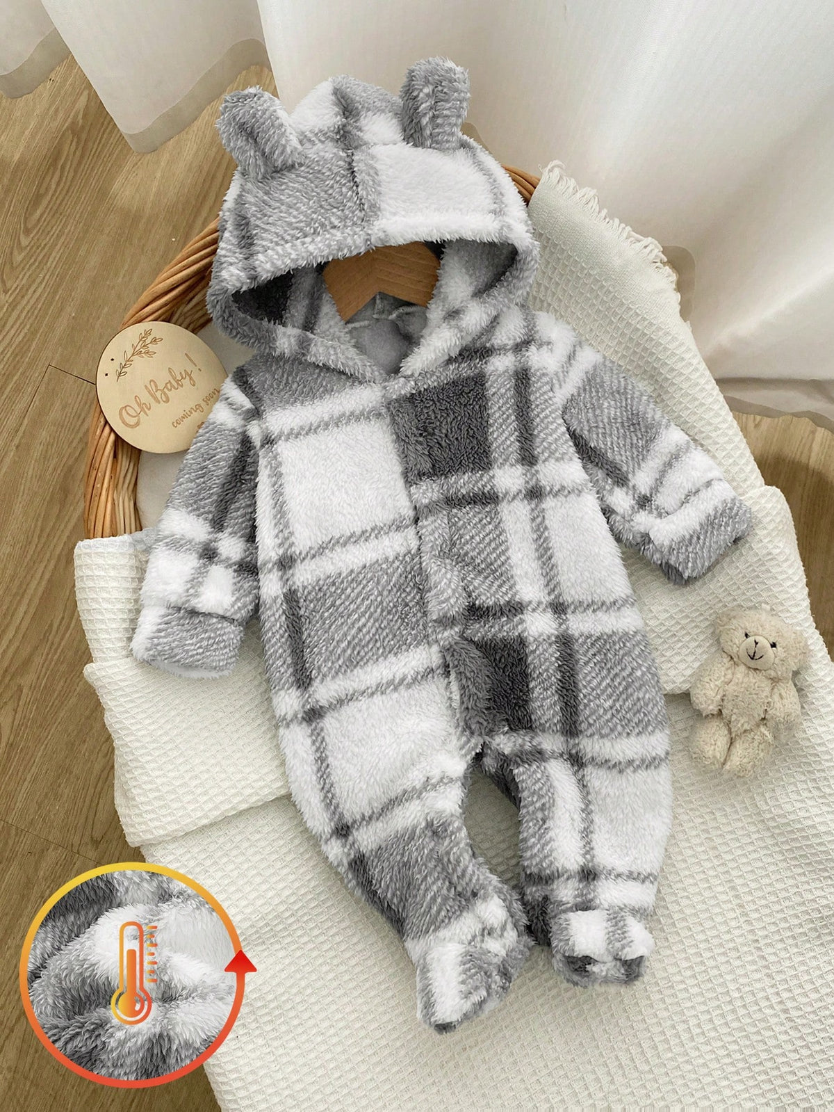 1pc Newborn Long Sleeve Footed Jumpsuit, Double-Sided Fleece Plaid Zipper Hooded Loungewear, Best Gift For Newborns, Suitable For Autumn/Winter, Versatile And Fashionable, Best Choice
