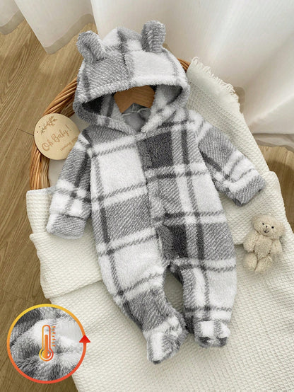 1pc Newborn Long Sleeve Footed Jumpsuit, Double-Sided Fleece Plaid Zipper Hooded Loungewear, Best Gift For Newborns, Suitable For Autumn/Winter, Versatile And Fashionable, Best Choice