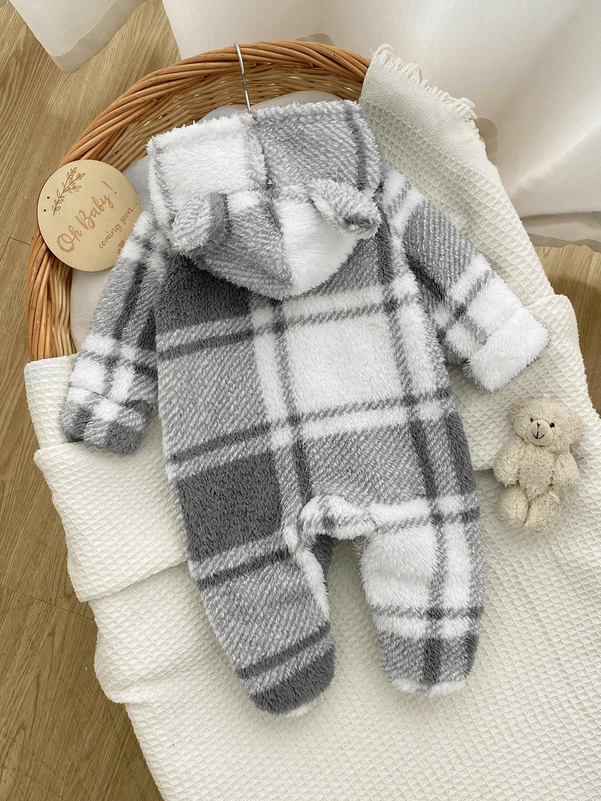 1pc Newborn Long Sleeve Footed Jumpsuit, Double-Sided Fleece Plaid Zipper Hooded Loungewear, Best Gift For Newborns, Suitable For Autumn/Winter, Versatile And Fashionable, Best Choice