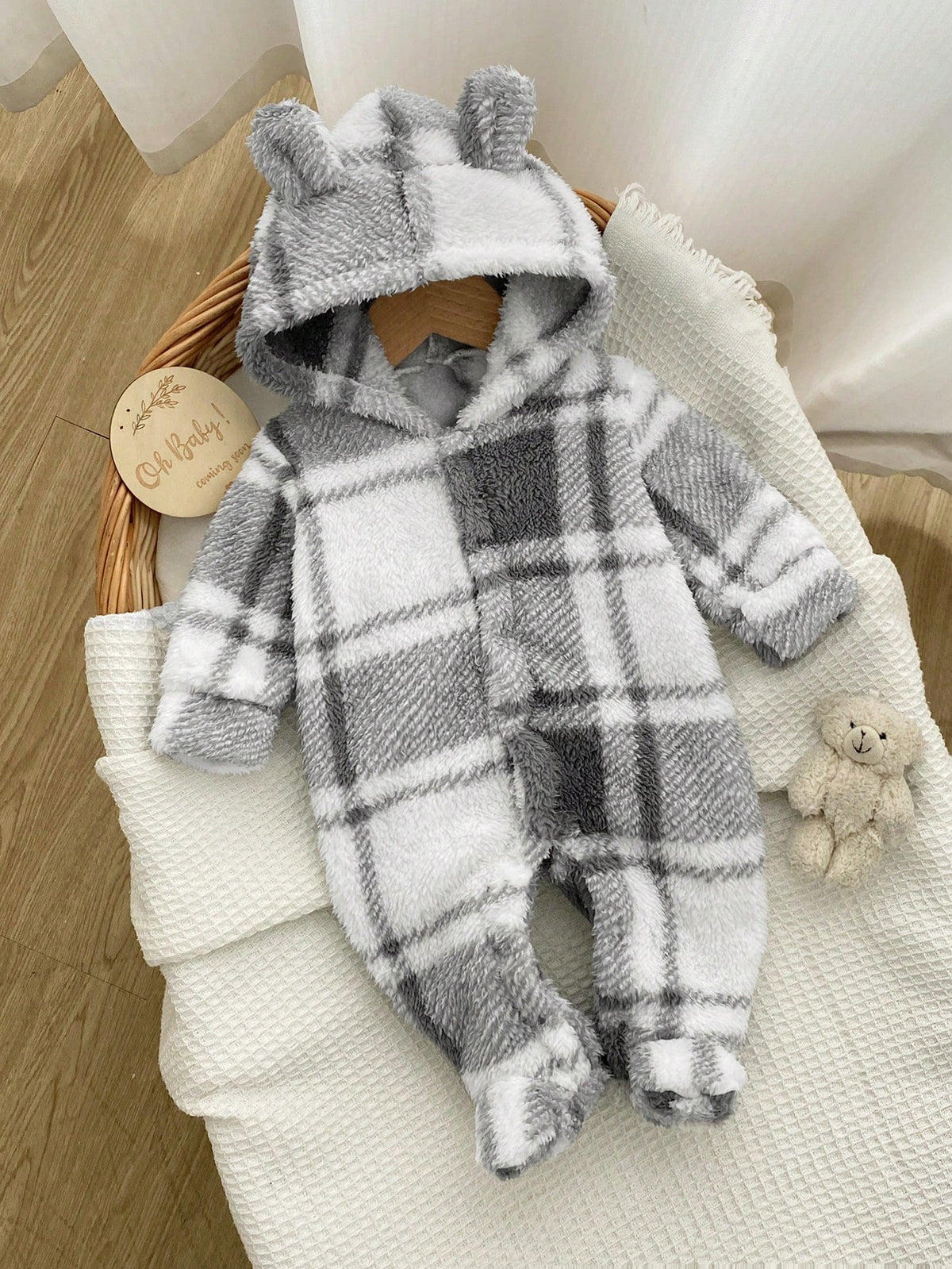 1pc Newborn Long Sleeve Footed Jumpsuit, Double-Sided Fleece Plaid Zipper Hooded Loungewear, Best Gift For Newborns, Suitable For Autumn/Winter, Versatile And Fashionable, Best Choice