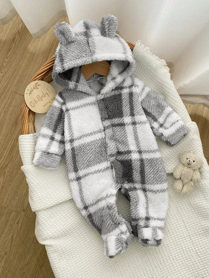 1pc Newborn Long Sleeve Footed Jumpsuit, Double-Sided Fleece Plaid Zipper Hooded Loungewear, Best Gift For Newborns, Suitable For Autumn/Winter, Versatile And Fashionable, Best Choice