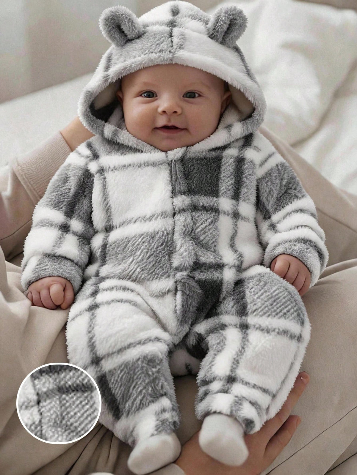 1pc Newborn Long Sleeve Footed Jumpsuit, Double-Sided Fleece Plaid Zipper Hooded Loungewear, Best Gift For Newborns, Suitable For Autumn/Winter, Versatile And Fashionable, Best Choice