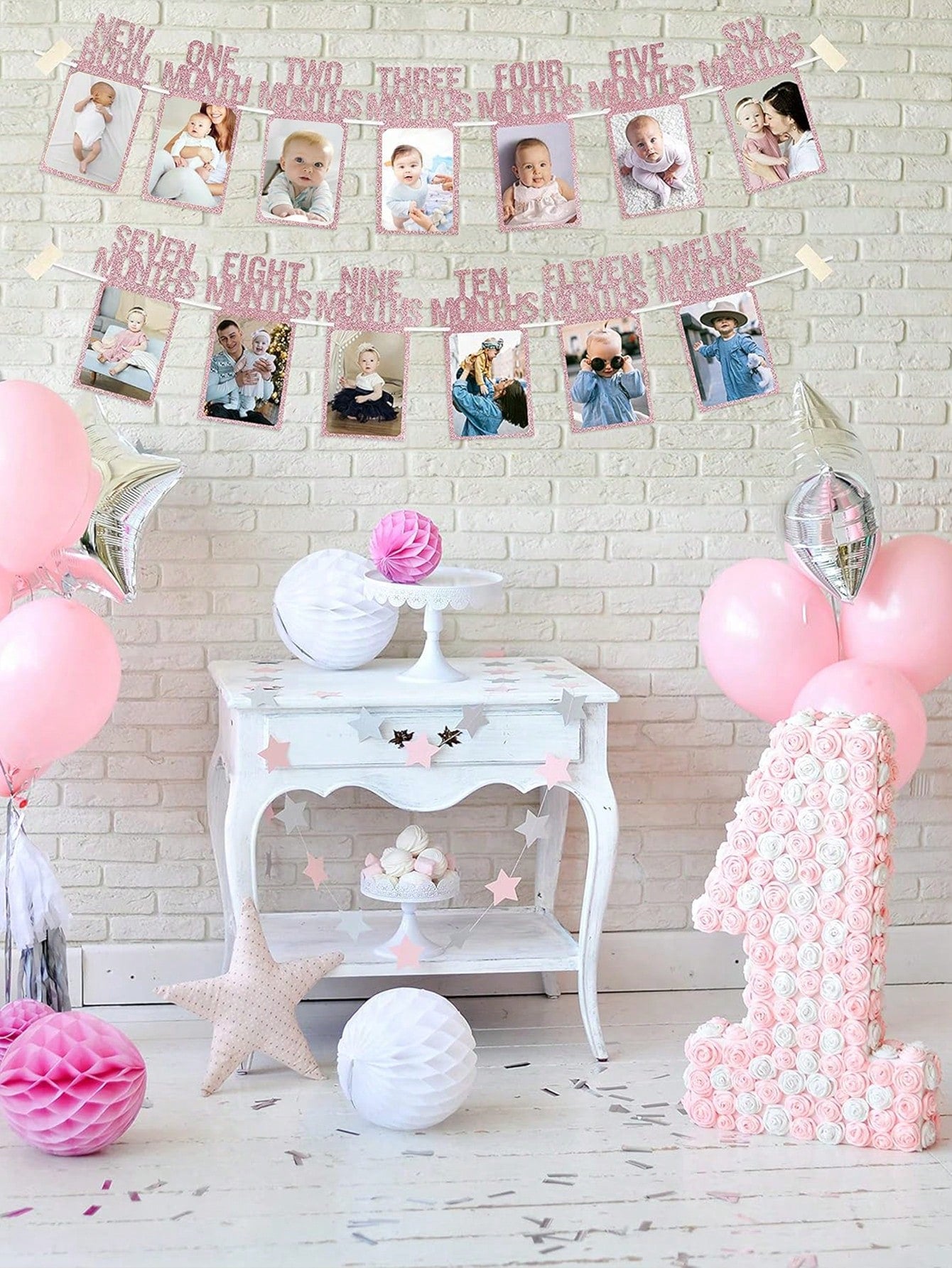 1pc Newborn To 12 Months Baby 1st Birthday Photo Banner, Baby Girl 1st Birthday Decoration, Monthly Milestone Floral Wreath| 1st Birthday Photo Banner Pre-Framed