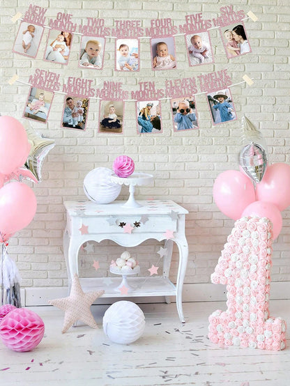 1pc Newborn To 12 Months Baby 1st Birthday Photo Banner, Baby Girl 1st Birthday Decoration, Monthly Milestone Floral Wreath| 1st Birthday Photo Banner Pre-Framed