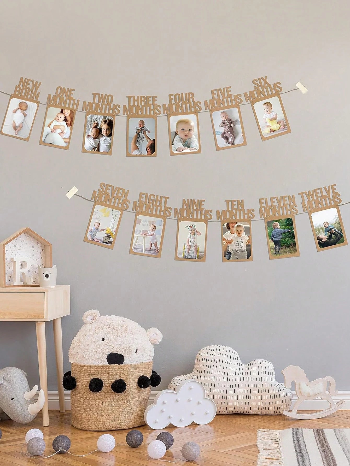 1pc Newborn To 12 Months Baby 1st Birthday Photo Banner, Baby Girl 1st Birthday Decoration, Monthly Milestone Floral Wreath| 1st Birthday Photo Banner Pre-Framed