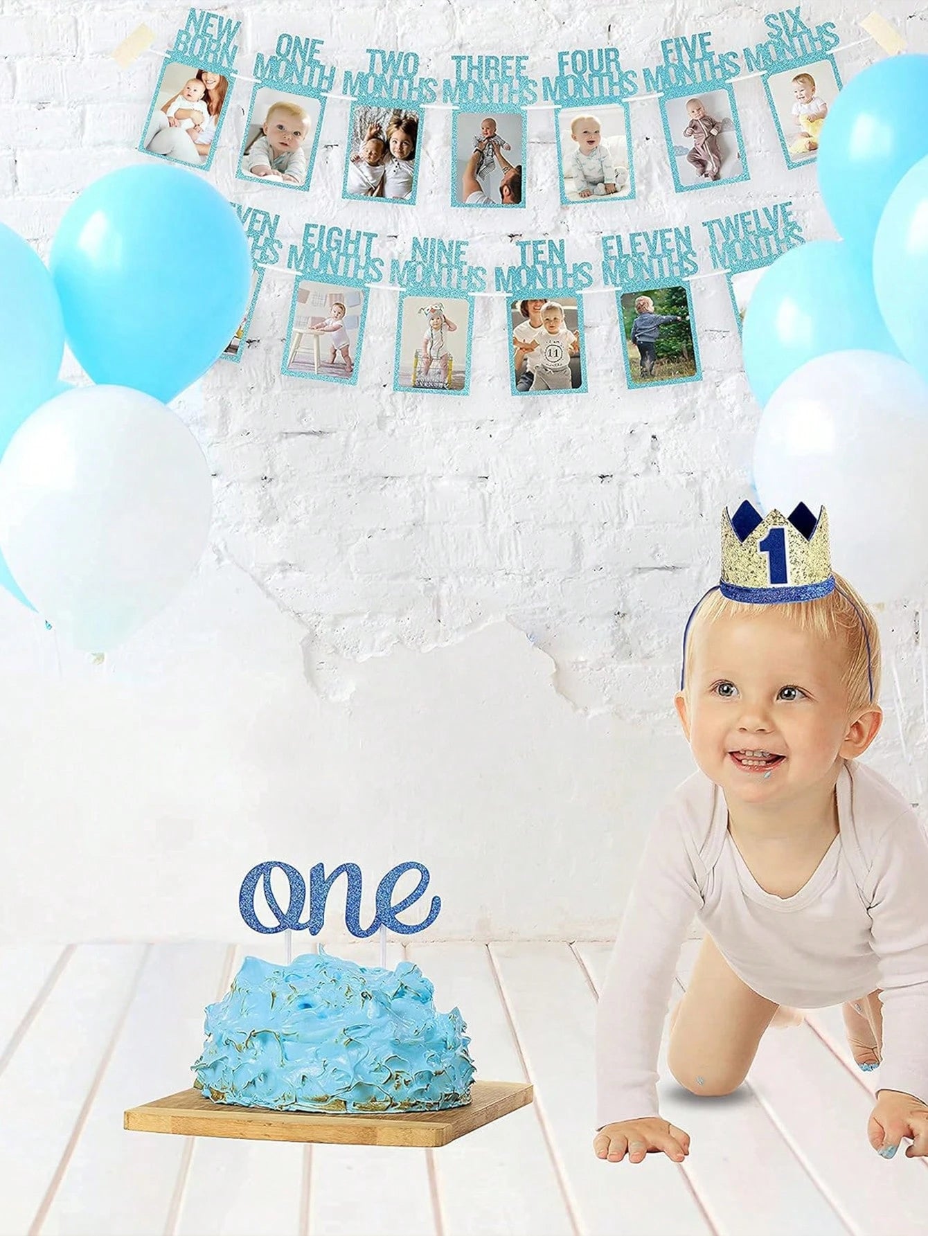1pc Newborn To 12 Months Baby 1st Birthday Photo Banner, Baby Girl 1st Birthday Decoration, Monthly Milestone Floral Wreath| 1st Birthday Photo Banner Pre-Framed