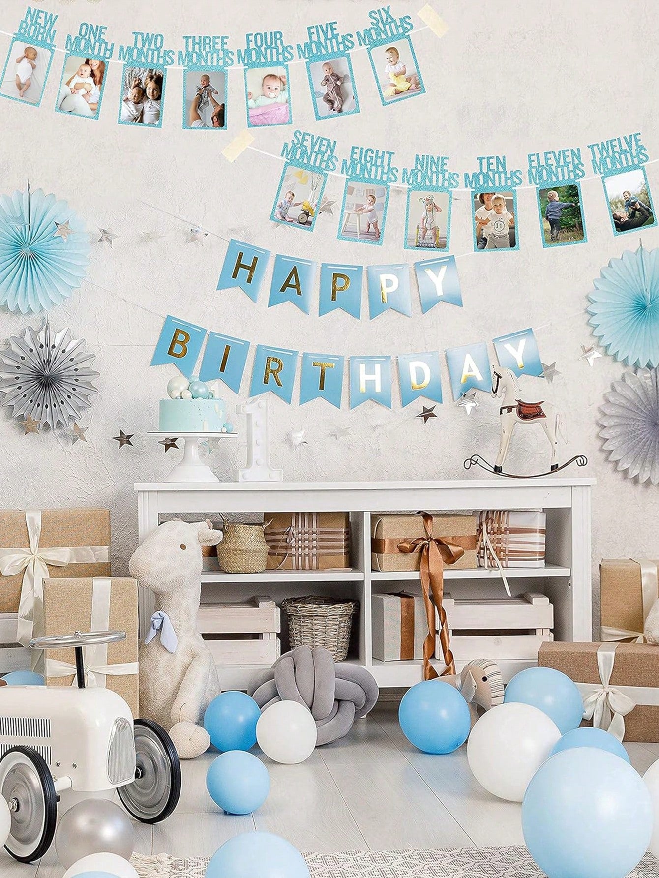 1pc Newborn To 12 Months Baby 1st Birthday Photo Banner, Baby Girl 1st Birthday Decoration, Monthly Milestone Floral Wreath| 1st Birthday Photo Banner Pre-Framed