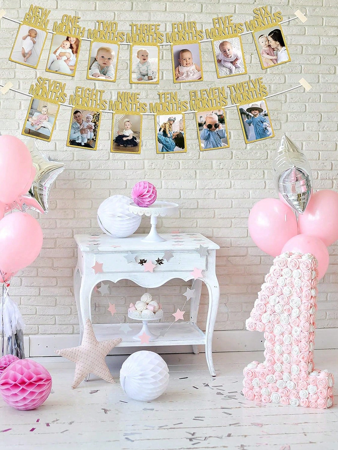 1pc Newborn To 12 Months Baby 1st Birthday Photo Banner, Baby Girl 1st Birthday Decoration, Monthly Milestone Floral Wreath| 1st Birthday Photo Banner Pre-Framed