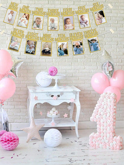 1pc Newborn To 12 Months Baby 1st Birthday Photo Banner, Baby Girl 1st Birthday Decoration, Monthly Milestone Floral Wreath| 1st Birthday Photo Banner Pre-Framed