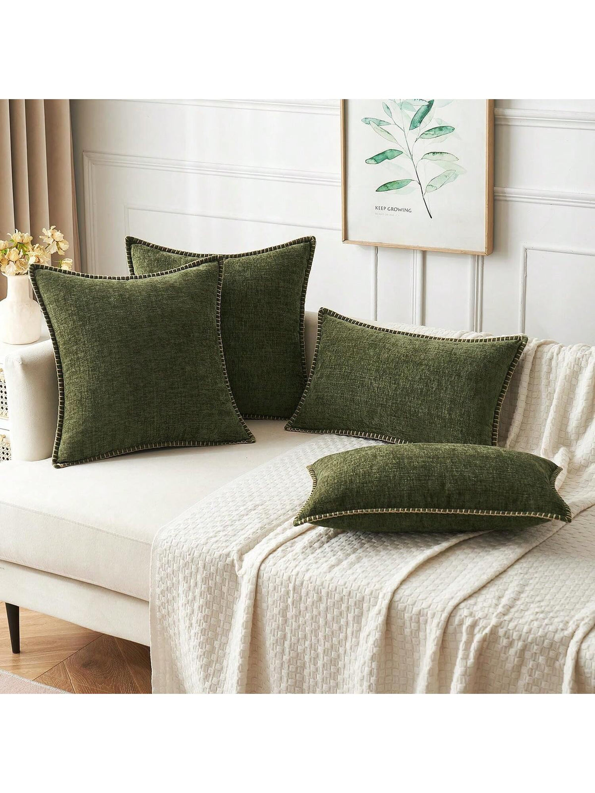 1pc Olive Green (Without Filling) Soft & Comfortable Skin-Friendly Double-Sided Chenille Throw Pillow Cover With Sewn Edges, Spring/Summer Farmhouse Velvet Pillowcase, Decorative Square Pillow Sham, S