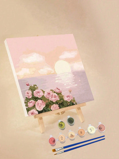 1pc Paint By Numbers Kit For Adults Beginners,Romatic Rose By Sea,Fresh Style,20 Wx20 L Or 30 Wx30 L Canvas Pictures,Drawing Paintwork With 2 Pcs Paintbrushes,Acrylic Pigment Flowers And Landscapes