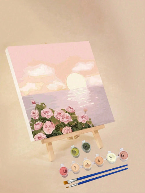 1pc Paint By Numbers Kit For Adults Beginners,Romatic Rose By Sea,Fresh Style,20 Wx20 L Or 30 Wx30 L Canvas Pictures,Drawing Paintwork With 2 Pcs Paintbrushes,Acrylic Pigment Flowers And Landscapes