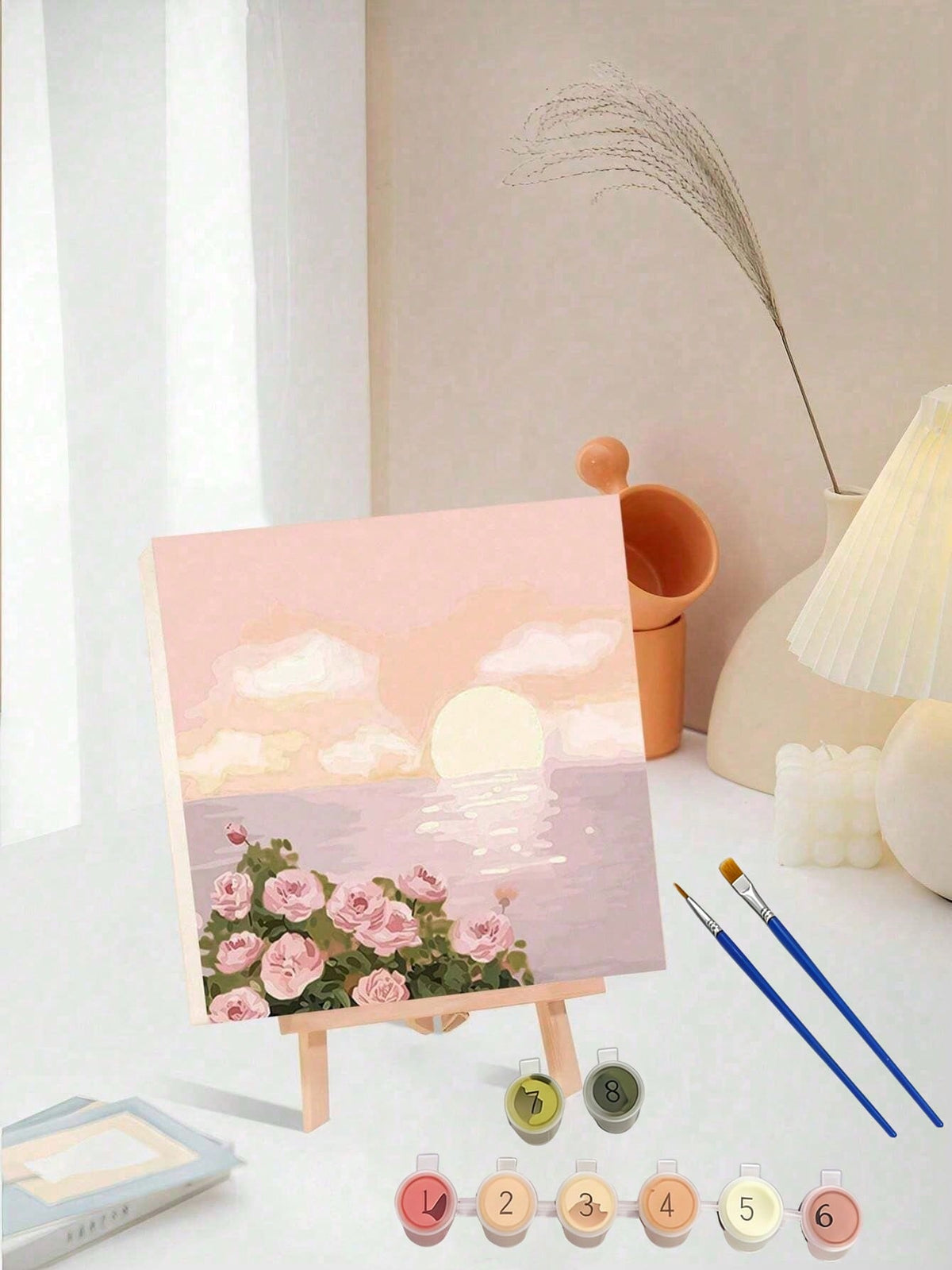 1pc Paint By Numbers Kit For Adults Beginners,Romatic Rose By Sea,Fresh Style,20 Wx20 L Or 30 Wx30 L Canvas Pictures,Drawing Paintwork With 2 Pcs Paintbrushes,Acrylic Pigment Flowers And Landscapes
