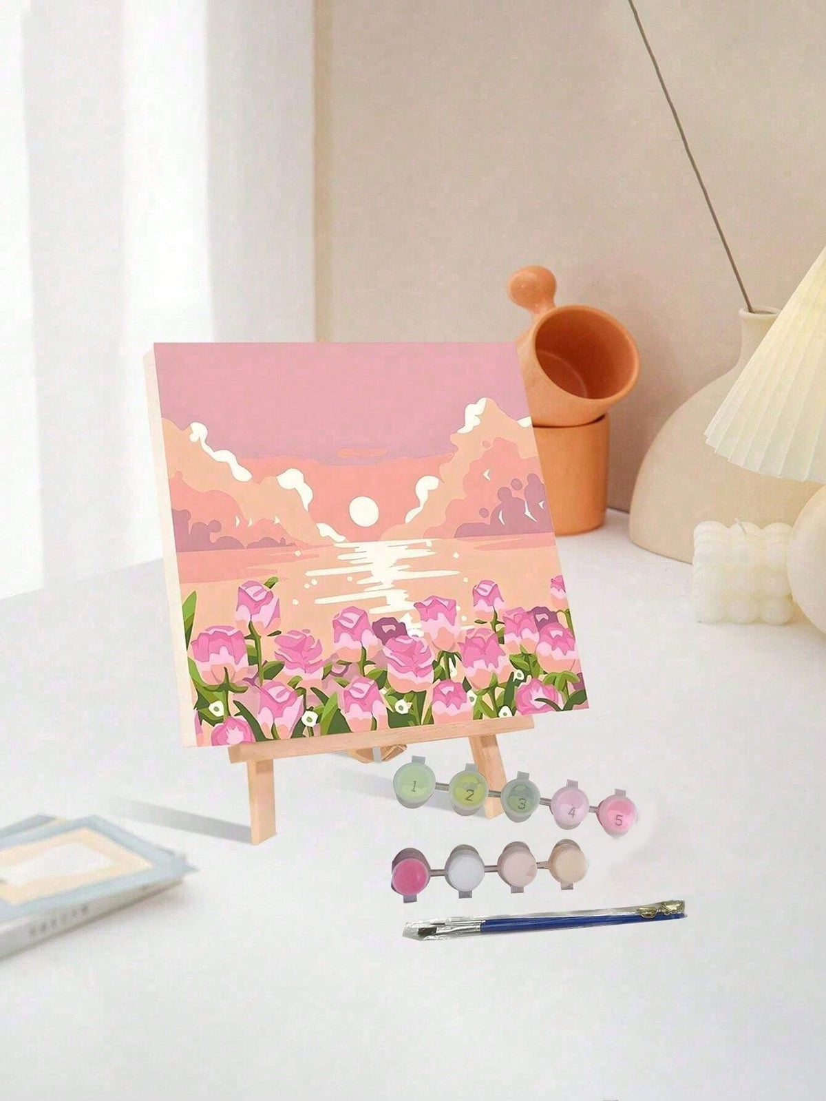 1pc Paint By Numbers Kit For Adults Beginners,Romatic Rose By Sea,Fresh Style,20 Wx20 L Or 30 Wx30 L Canvas Pictures,Drawing Paintwork With 2 Pcs Paintbrushes,Acrylic Pigment Flowers And Landscapes