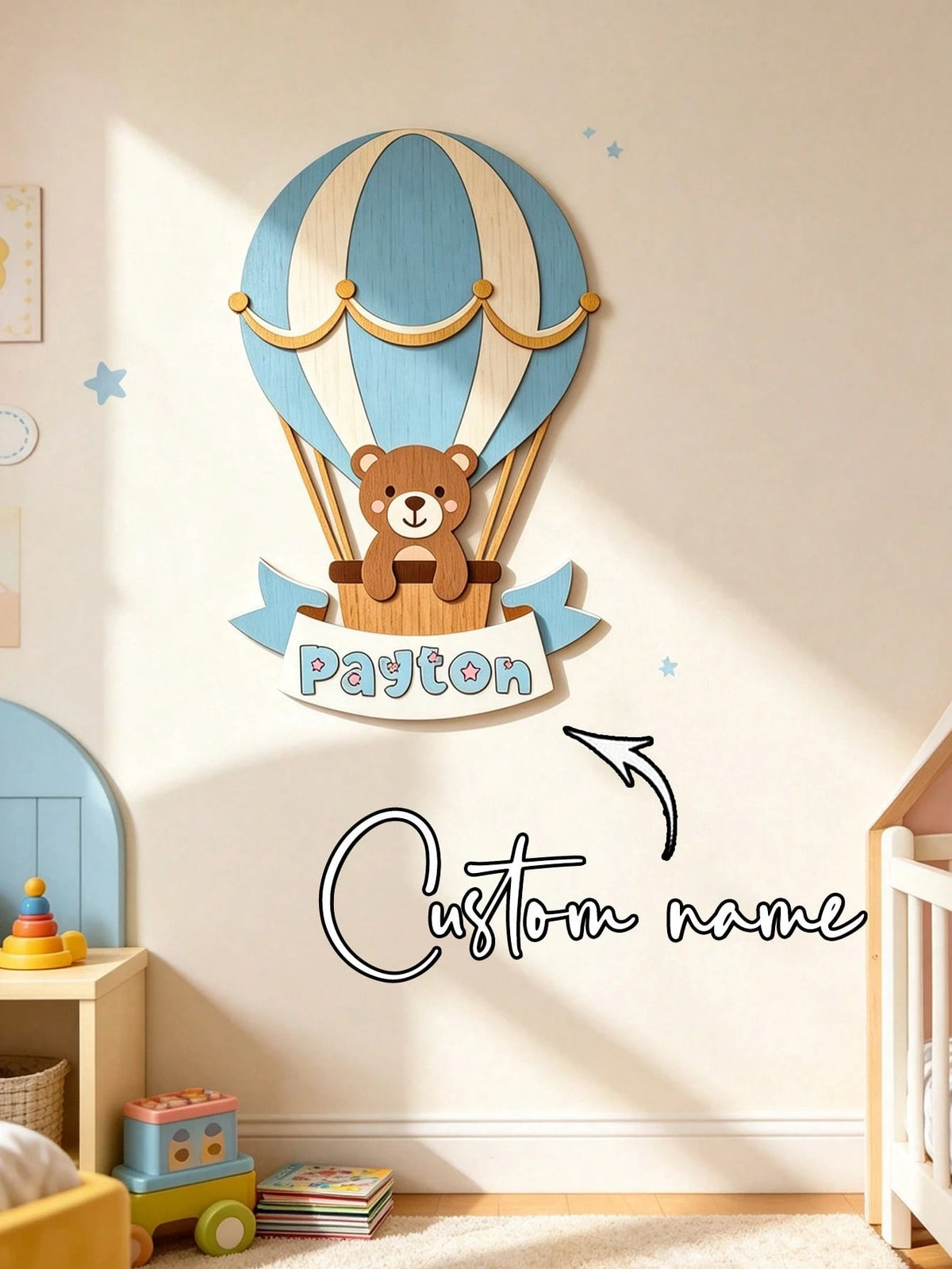1pc Personalized Children's Decoration With Bear Hot Air Balloon Pattern, Size 25-35cm (Wooden Material). This Is An Artistic Home Decor Item That Can Create A Cozy Bedroom Atmosphere. It Is An Ideal
