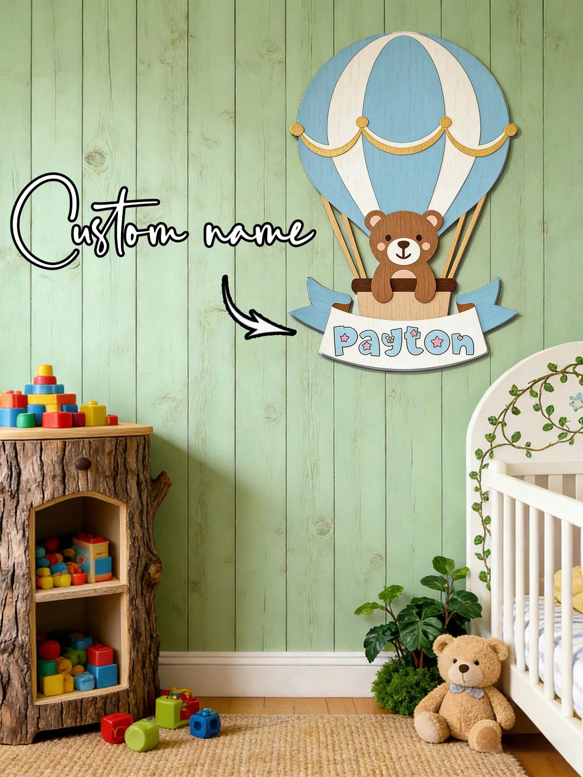 1pc Personalized Children's Decoration With Bear Hot Air Balloon Pattern, Size 25-35cm (Wooden Material). This Is An Artistic Home Decor Item That Can Create A Cozy Bedroom Atmosphere. It Is An Ideal