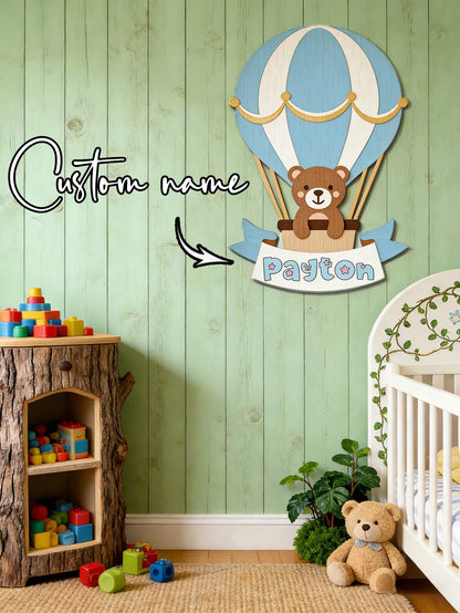 1pc Personalized Children's Decoration With Bear Hot Air Balloon Pattern, Size 25-35cm (Wooden Material). This Is An Artistic Home Decor Item That Can Create A Cozy Bedroom Atmosphere. It Is An Ideal