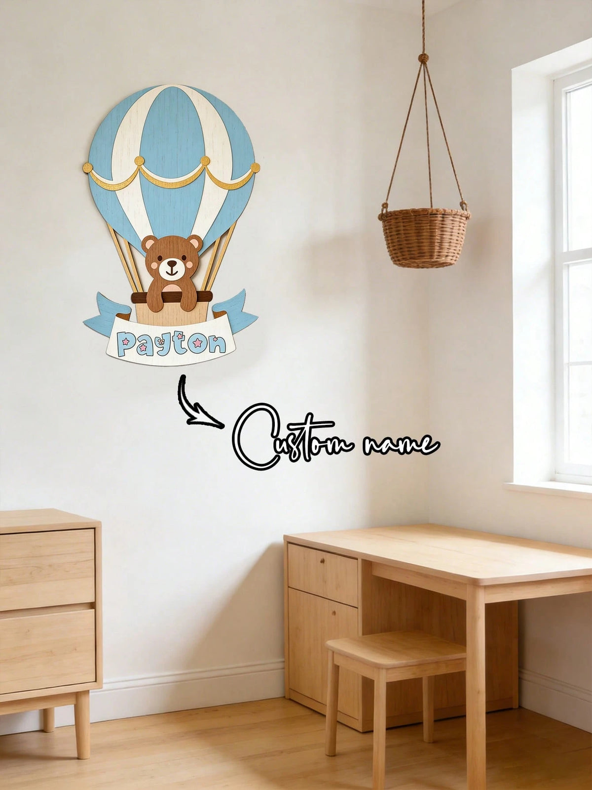 1pc Personalized Children's Decoration With Bear Hot Air Balloon Pattern, Size 25-35cm (Wooden Material). This Is An Artistic Home Decor Item That Can Create A Cozy Bedroom Atmosphere. It Is An Ideal