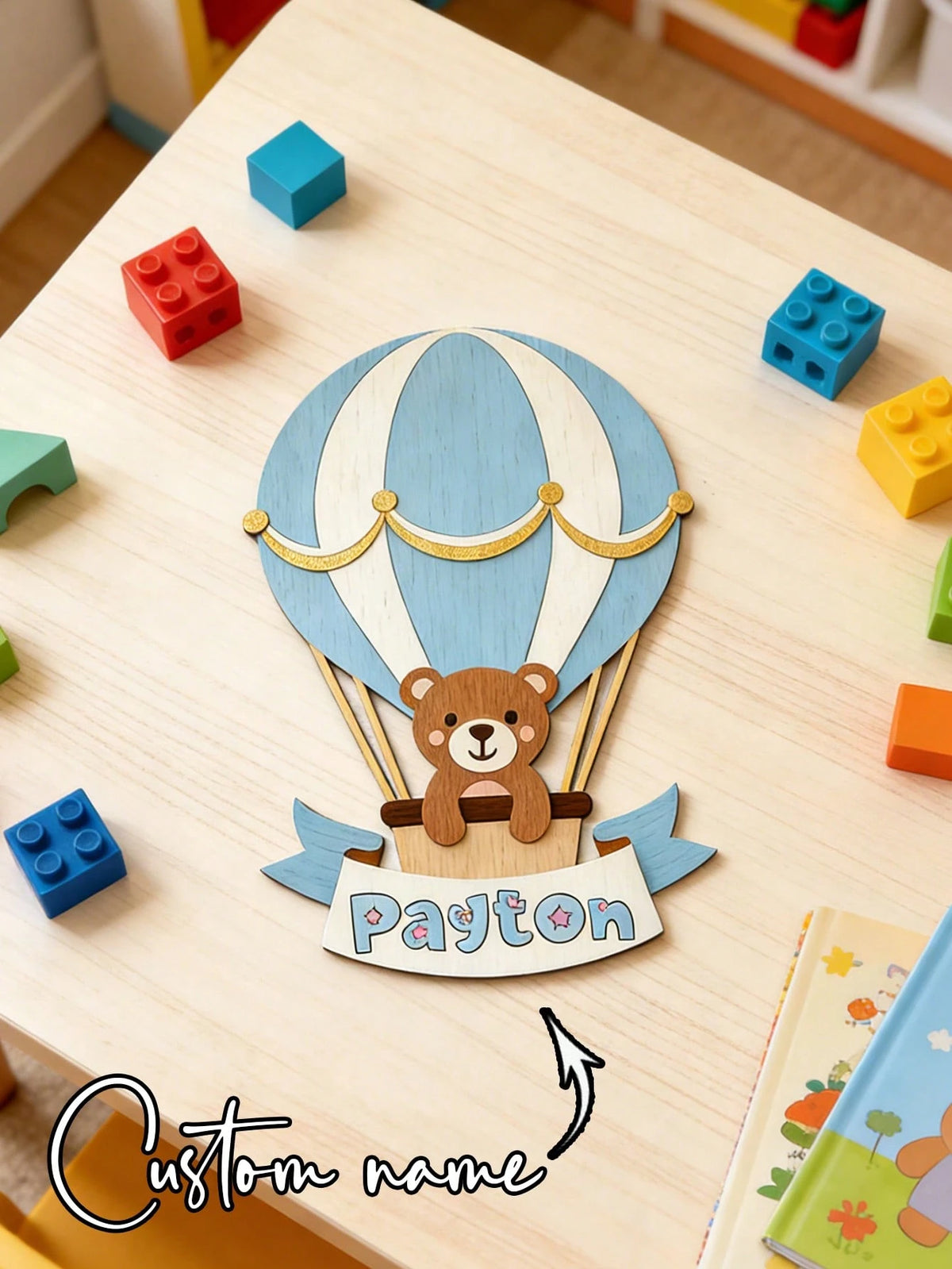 1pc Personalized Children's Decoration With Bear Hot Air Balloon Pattern, Size 25-35cm (Wooden Material). This Is An Artistic Home Decor Item That Can Create A Cozy Bedroom Atmosphere. It Is An Ideal