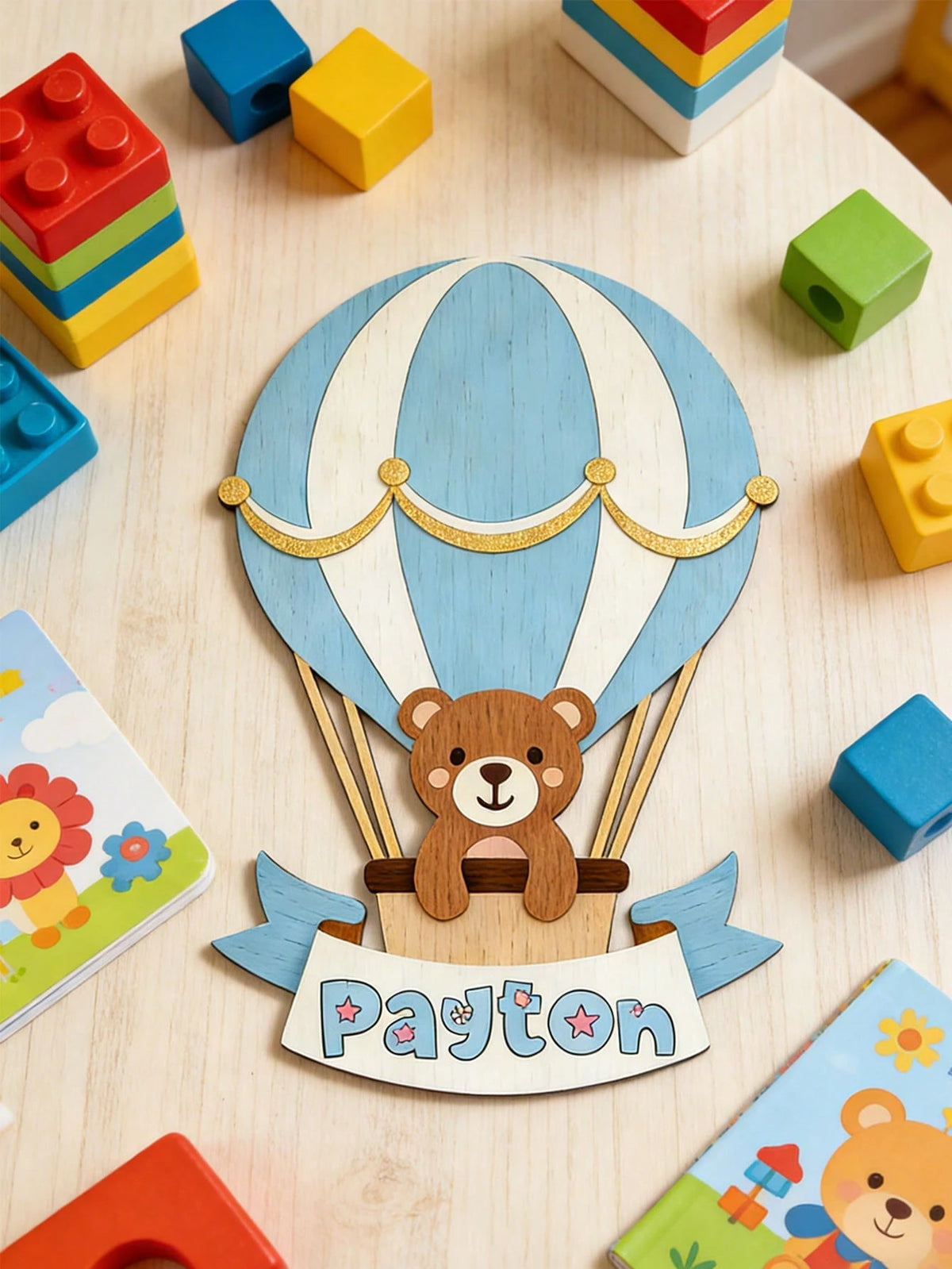 1pc Personalized Children's Decoration With Bear Hot Air Balloon Pattern, Size 25-35cm (Wooden Material). This Is An Artistic Home Decor Item That Can Create A Cozy Bedroom Atmosphere. It Is An Ideal