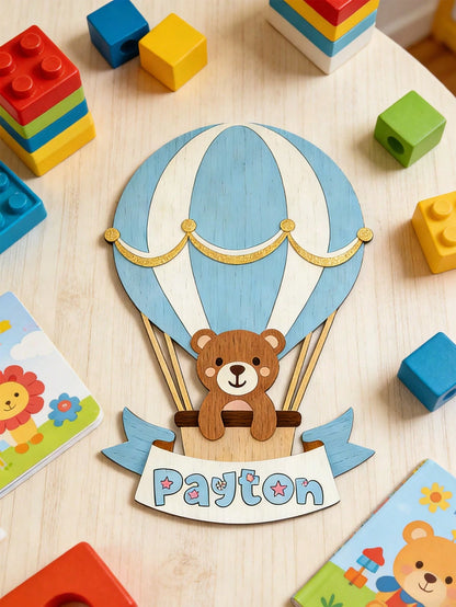 1pc Personalized Children's Decoration With Bear Hot Air Balloon Pattern, Size 25-35cm (Wooden Material). This Is An Artistic Home Decor Item That Can Create A Cozy Bedroom Atmosphere. It Is An Ideal