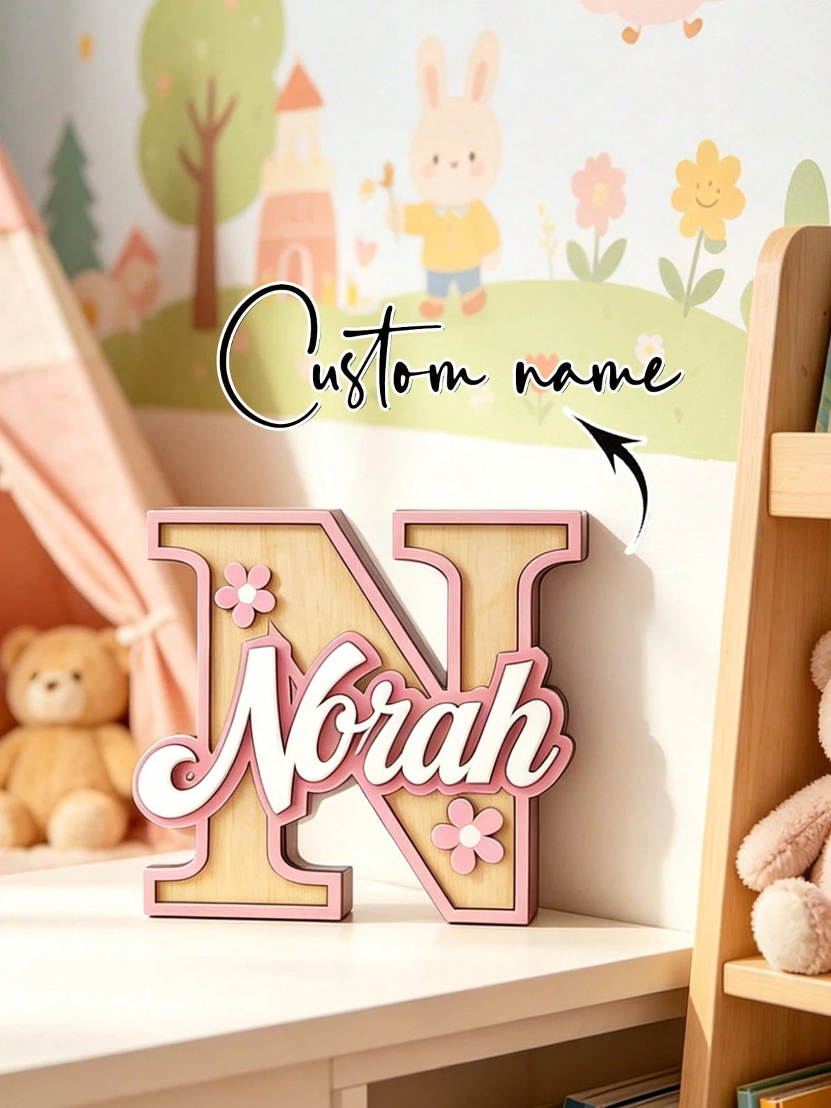 1pc Personalized Custom Letter Nameplate, Wooden Baby Nameplate, 3-Layer Composite Craft Newborn Gift Sign. Our Custom Uppercase Letter Combination Plate Perfectly Combines Elegance And Fun, Designed