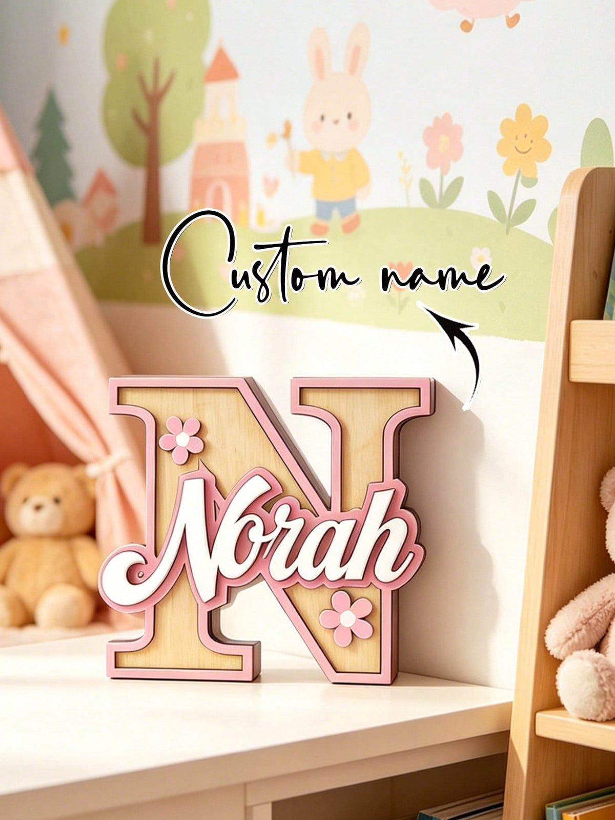 1pc Personalized Custom Letter Nameplate, Wooden Baby Nameplate, 3-Layer Composite Craft Newborn Gift Sign. Our Custom Uppercase Letter Combination Plate Perfectly Combines Elegance And Fun, Designed