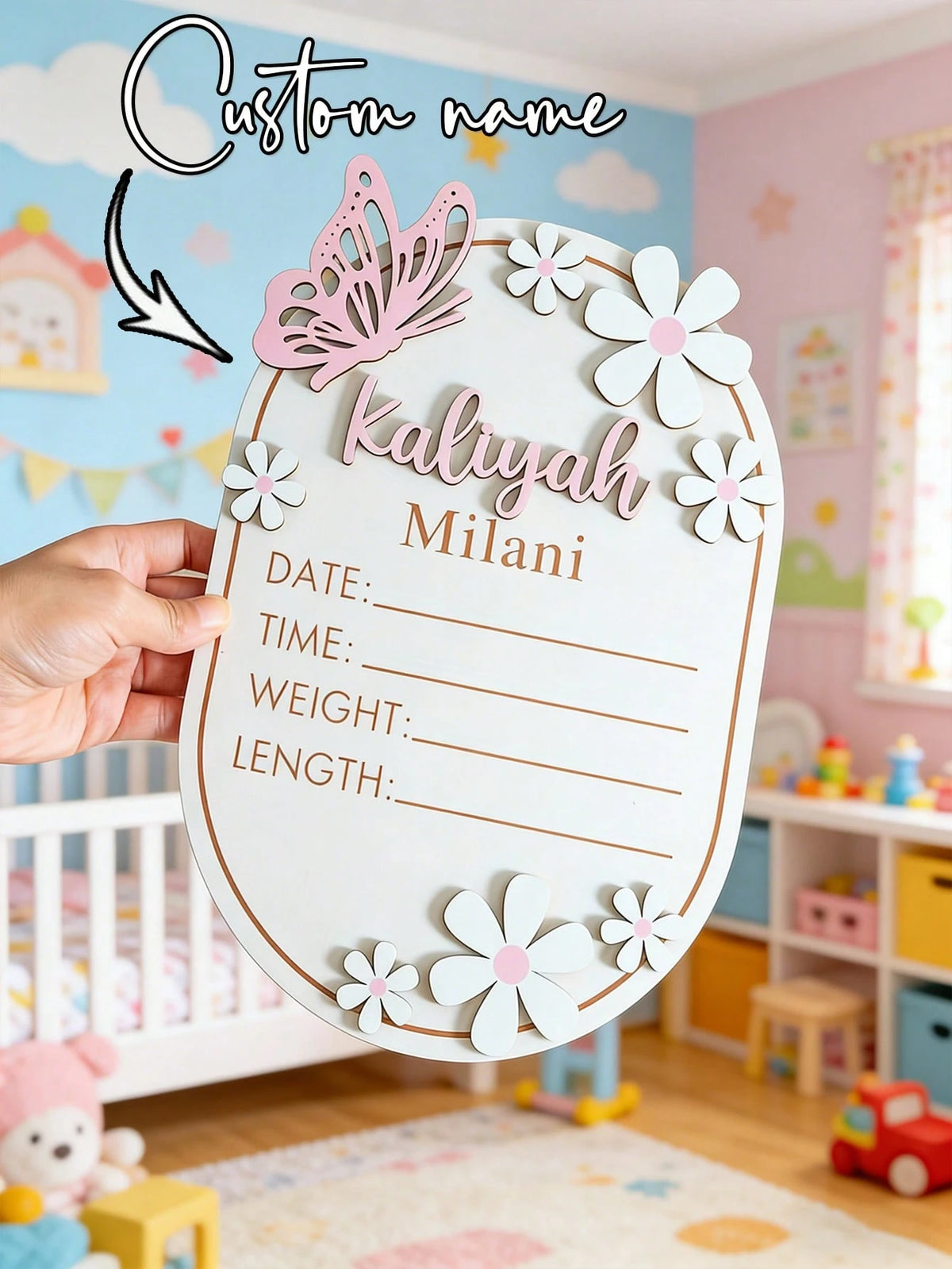 1pc Personalized Wooden Baby Name Sign, Customized Baby Naming Ceremony, Butterfly Pattern Baby Name Announcement Board, Customized Baby Shower Gift, Baby Room Decor- Suitable For Decoration, Baby Sh