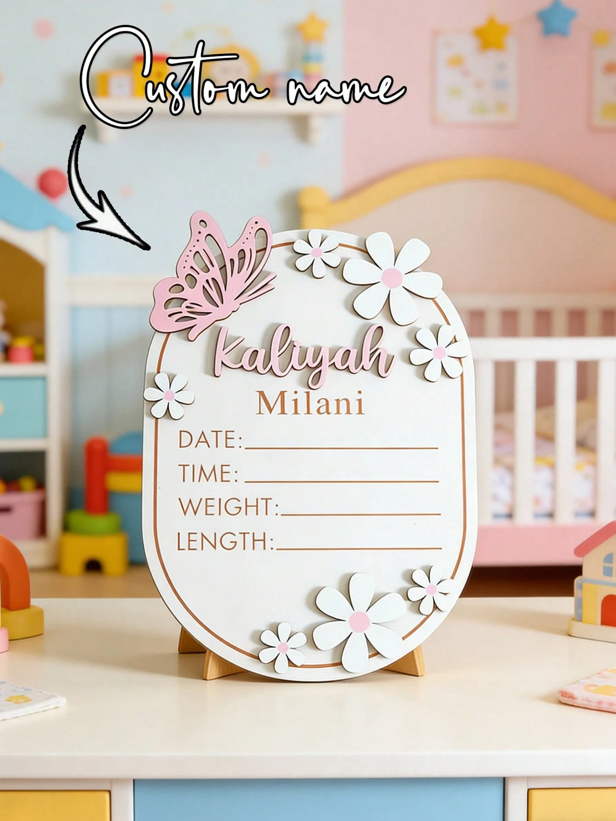 1pc Personalized Wooden Baby Name Sign, Customized Baby Naming Ceremony, Butterfly Pattern Baby Name Announcement Board, Customized Baby Shower Gift, Baby Room Decor- Suitable For Decoration, Baby Sh