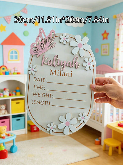 1pc Personalized Wooden Baby Name Sign, Customized Baby Naming Ceremony, Butterfly Pattern Baby Name Announcement Board, Customized Baby Shower Gift, Baby Room Decor- Suitable For Decoration, Baby Sh