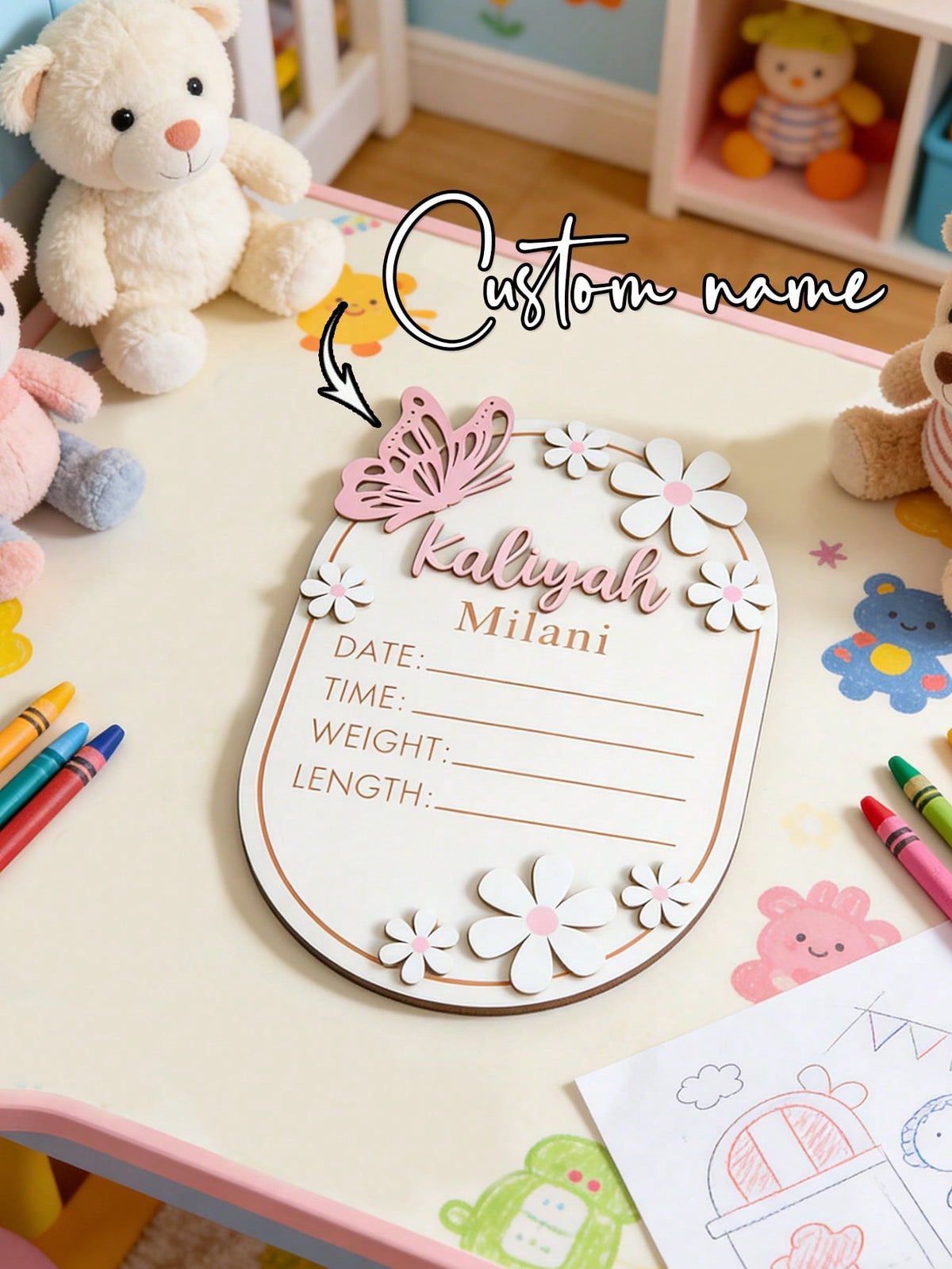 1pc Personalized Wooden Baby Name Sign, Customized Baby Naming Ceremony, Butterfly Pattern Baby Name Announcement Board, Customized Baby Shower Gift, Baby Room Decor- Suitable For Decoration, Baby Sh