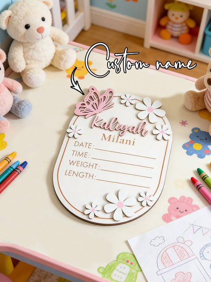 1pc Personalized Wooden Baby Name Sign, Customized Baby Naming Ceremony, Butterfly Pattern Baby Name Announcement Board, Customized Baby Shower Gift, Baby Room Decor- Suitable For Decoration, Baby Sh