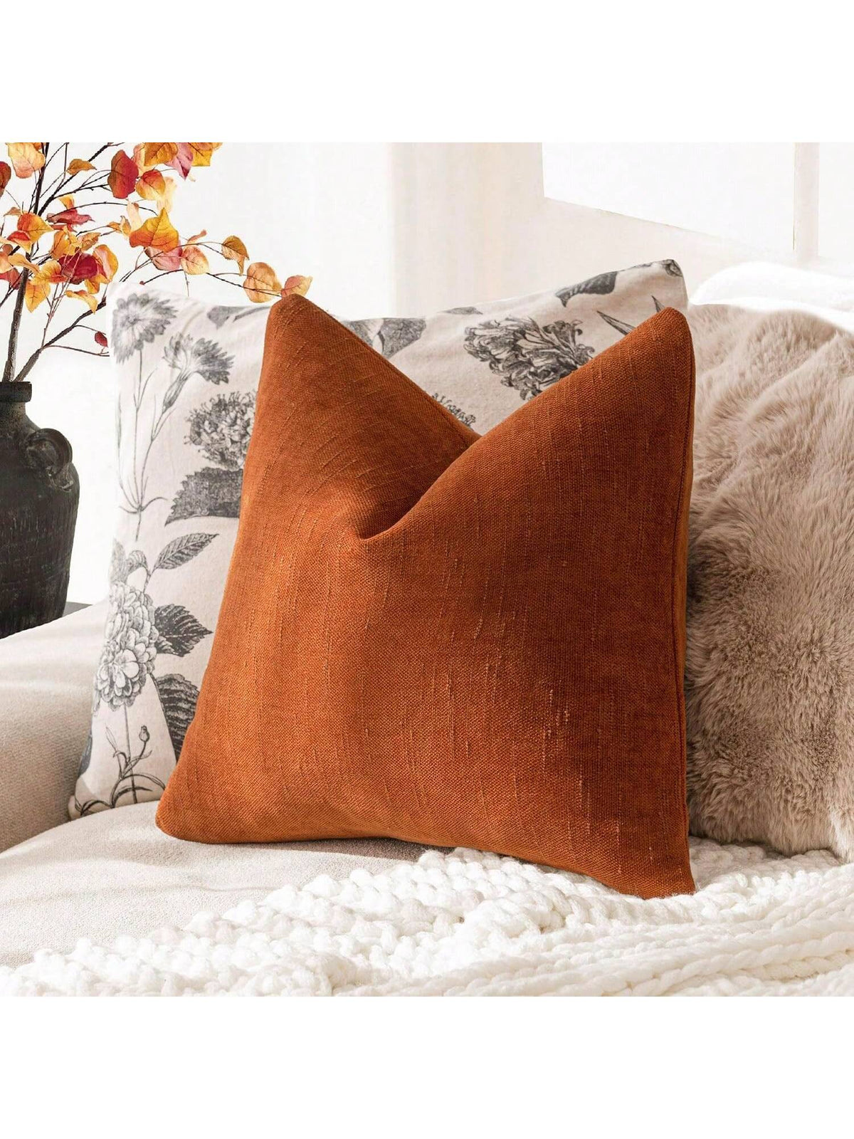 1pc Pillow Cover Without Insert, Bronze Vintage Wabi-Sabi Style + Minimalist Soft Texture Chenille + Linen Blend Fabric Woven Decorative Pillowcase, Suitable For Home, Sofa, Bed, Bedroom, Living Room