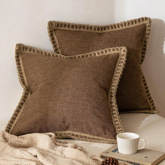 1pc (Pillow Insert Not Included) Linen-Like Rope Trimmed Throw Pillow Cover, Suitable For Living Room, Bedroom, Dining Room, Patio, Wedding Decor, All Season