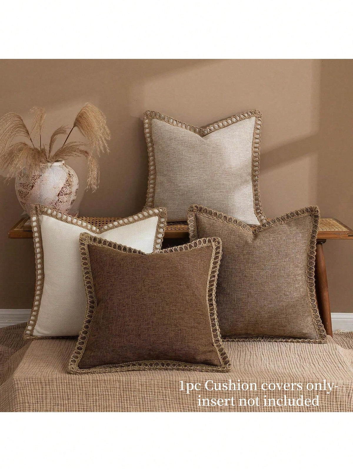 1pc (Pillow Insert Not Included) Linen-Like Rope Trimmed Throw Pillow Cover, Suitable For Living Room, Bedroom, Dining Room, Patio, Wedding Decor, All Season