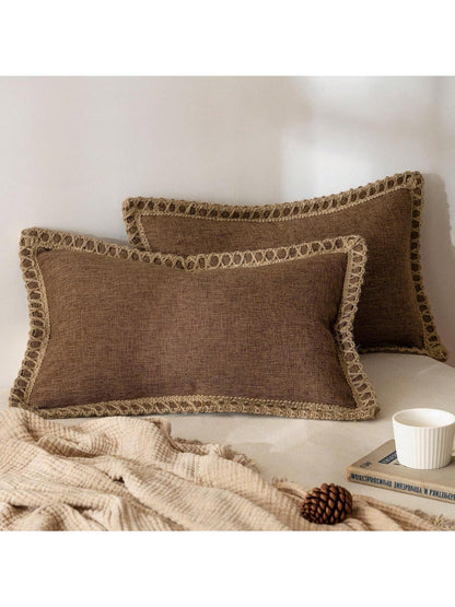 1pc (Pillow Insert Not Included) Linen-Like Rope Trimmed Throw Pillow Cover, Suitable For Living Room, Bedroom, Dining Room, Patio, Wedding Decor, All Season