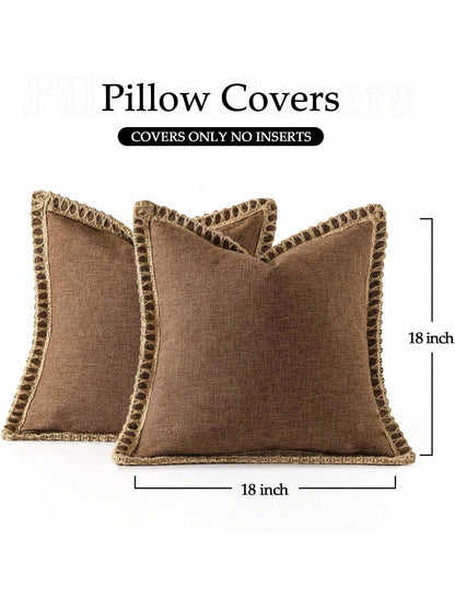 1pc (Pillow Insert Not Included) Linen-Like Rope Trimmed Throw Pillow Cover, Suitable For Living Room, Bedroom, Dining Room, Patio, Wedding Decor, All Season