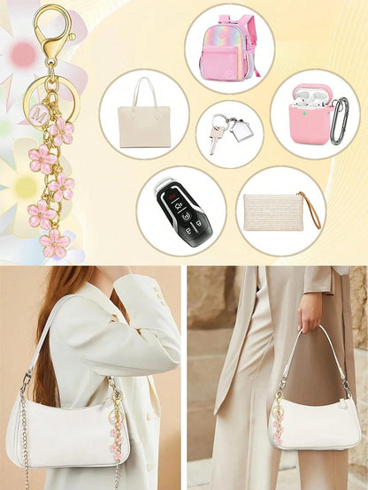 1pc Pink 26 Letter Flower Bag Charm, Keychain Pendant Decoration, Bag Accessory, Cute Floral Letter Charm, Suitable As Small Gift For Girls, Ladies Or Women, Fits Any Bag, Key, Wallet, Backpack, Tote